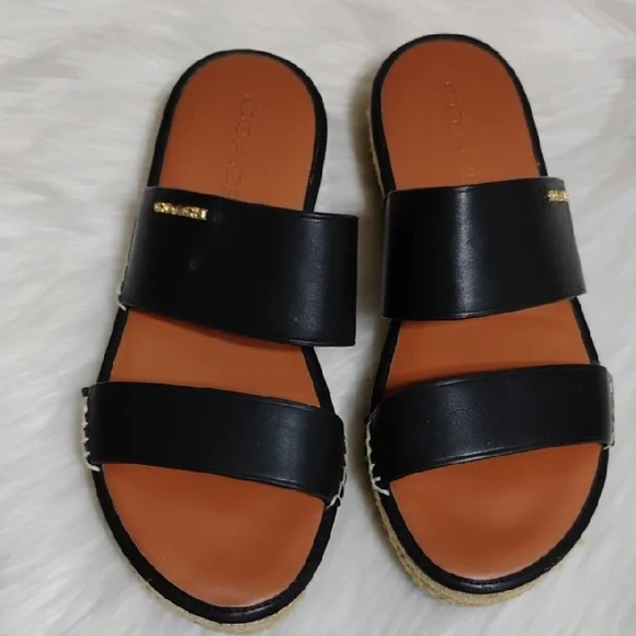 SALE! Coach Franca Black Leather Espadrilles Women's Sandals (#01) - Picture 4 of 16